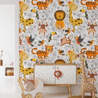 Hayvanlarla Tropikal Duvar Kağıdı, Orman Safari Çocuk Odası 3D Duvar Posteri