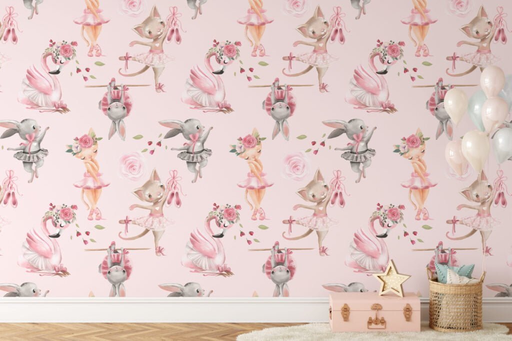 Sulu Boya Tatlı Pembe Prenses Balerin Tavşan ve Kediler Duvar Kağıdı, Bale Hayvanları 3D Duvar Posteri Bebek Odası Duvar Kağıtları 2