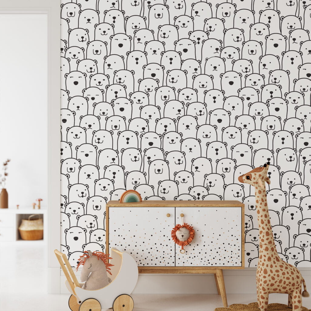 Sevimli Kalabalık Ayılar Line Art Desen Duvar Kağıdı, Sevimli Bebek Odası Eskiz Duvar Kağıdı Bebek Odası Duvar Kağıtları 3