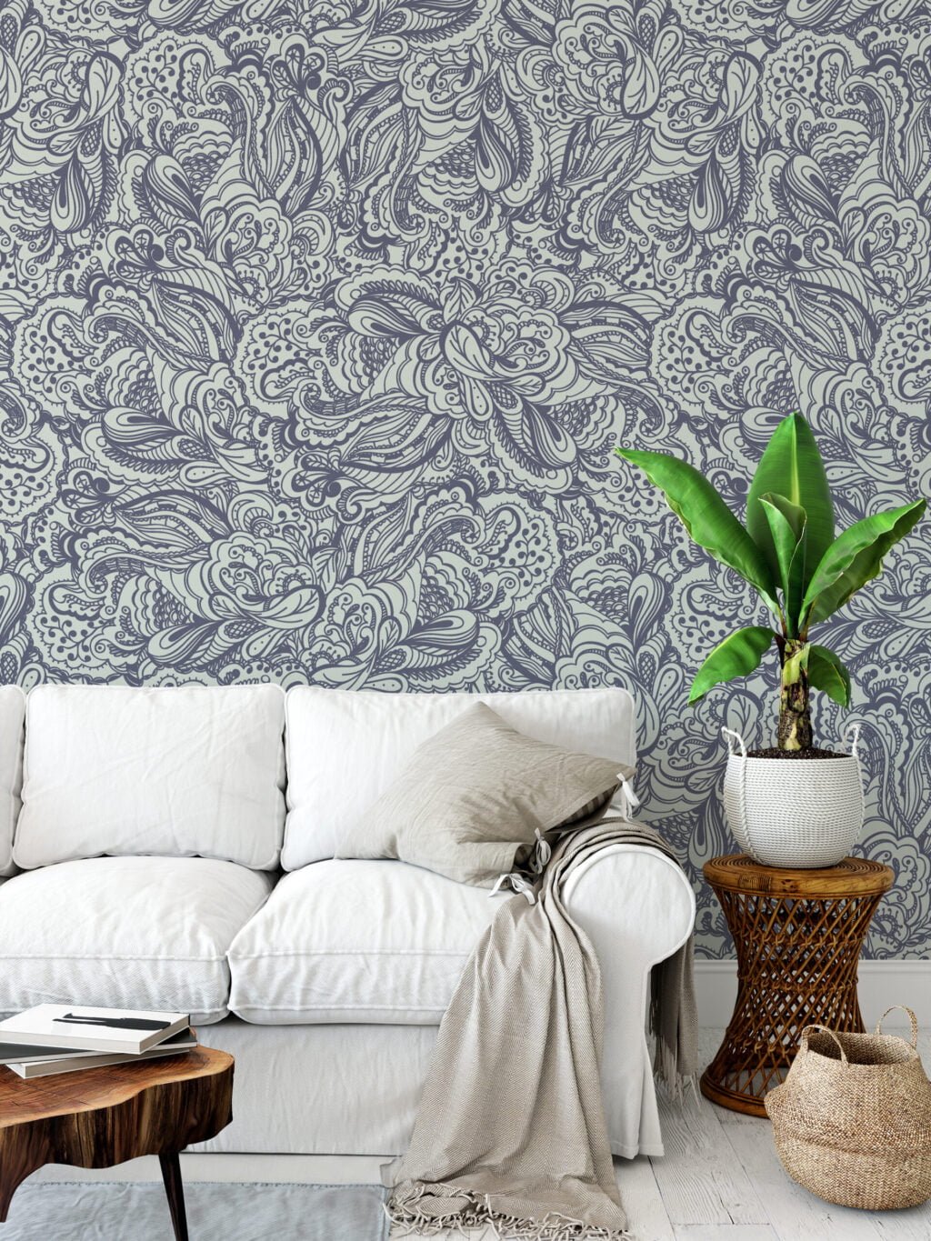 Damask Desen Line Art Duvar Kağıdı, Vintage İlhamlı Paisley Duvar Kağıdı Line Art Duvar Kağıdı 5