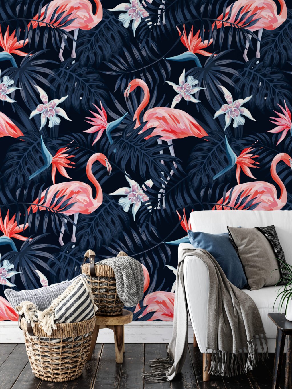 Koyu Mavi Tropikal Yapraklarla Flamingolar Duvar Kağıdı, Muhteşem Flamingolar 3D Duvar Posteri Hayvan Motifli Duvar Kağıtları 4