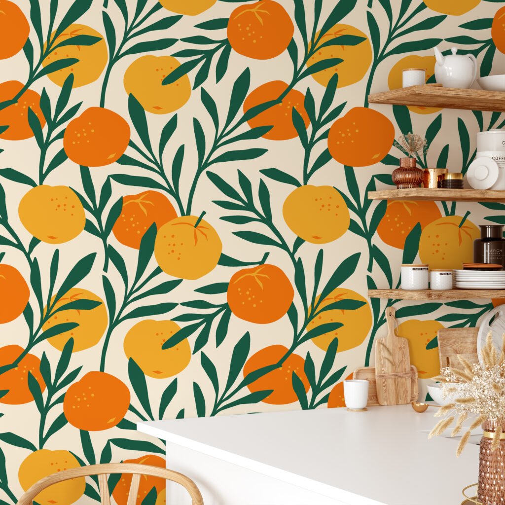 Portakal Desenli Duvar Kağıdı, Canlı Yeşil Yapraklarla Narenciye Duvar Posteri Çiçekli Duvar Kağıtları 3