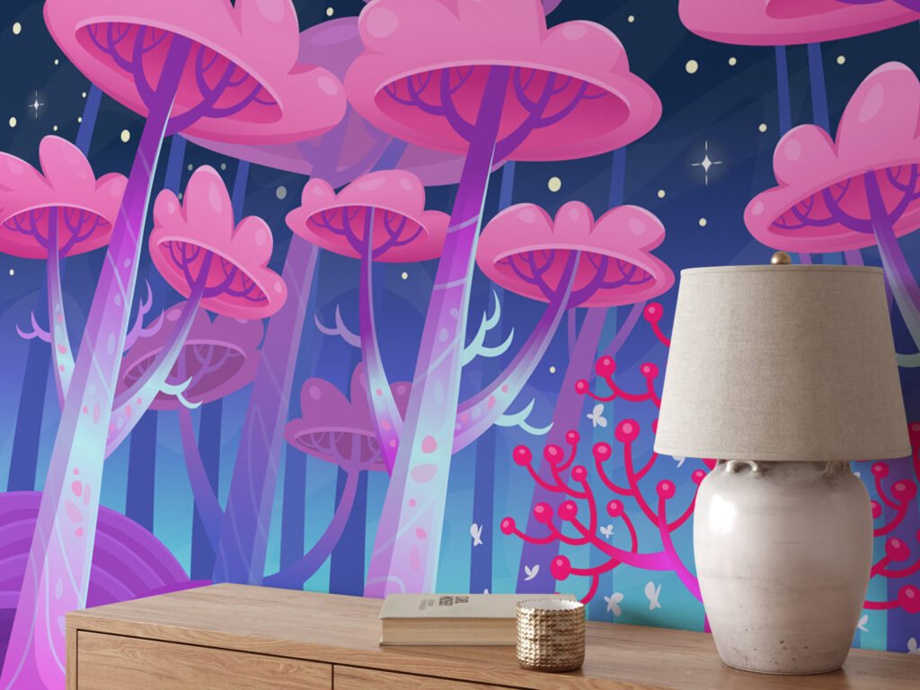 Çizgi Film Tarzı Büyük Pembe Pamuk Şeker Ağaçları Duvar Kağıdı, Büyülü Orman Manzaralı Duvar Posteri Çocuk Odası Duvar Kağıtları 4