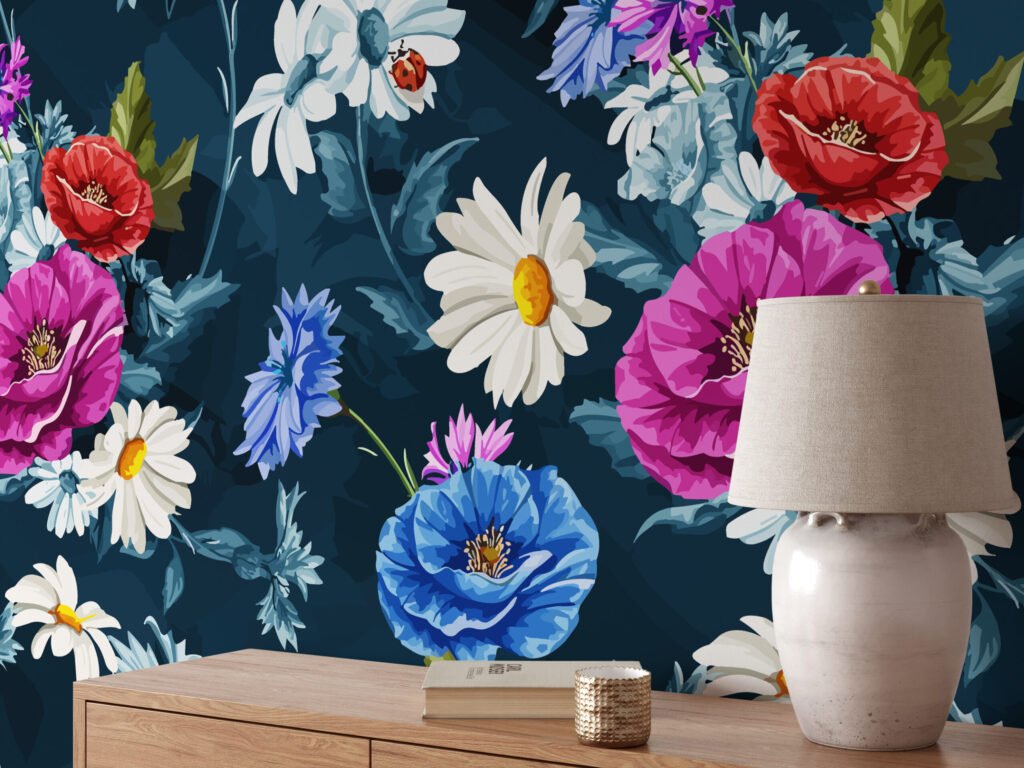 Açan Çiçekler İllüstrasyonlu Duvar Kağıdı, Gece Bahçesi Çiçekli 3D Duvar Posteri Çiçekli Duvar Kağıtları 3
