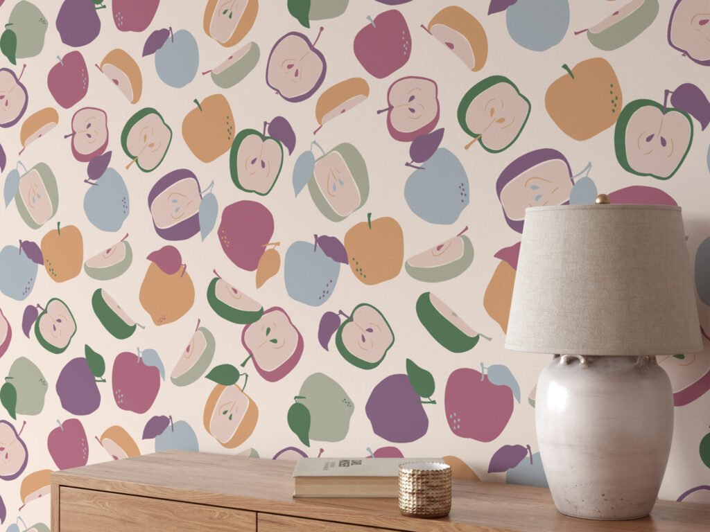 Flat Art Elma ve Dilimlenmiş Elmalar Duvar Kağıdı, Karışık Meyveler 3D Duvar Kağıdı Yiyecek & İçecek Duvar Kağıtları 6
