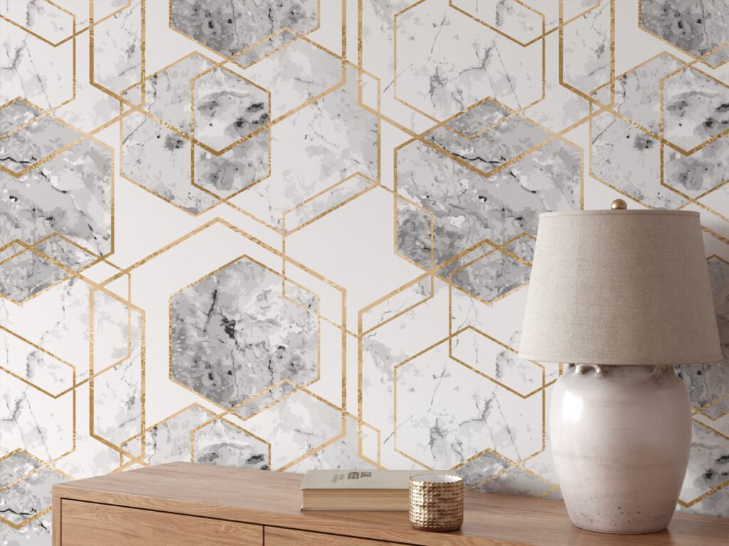 Gri Sulu Boya Tarzı Altıgenler ile Geometrik Duvar Kağıdı, Lüks Altın Mermer Desenli 3D Duvar Kağıdı Geometrik Duvar Kağıtları 3