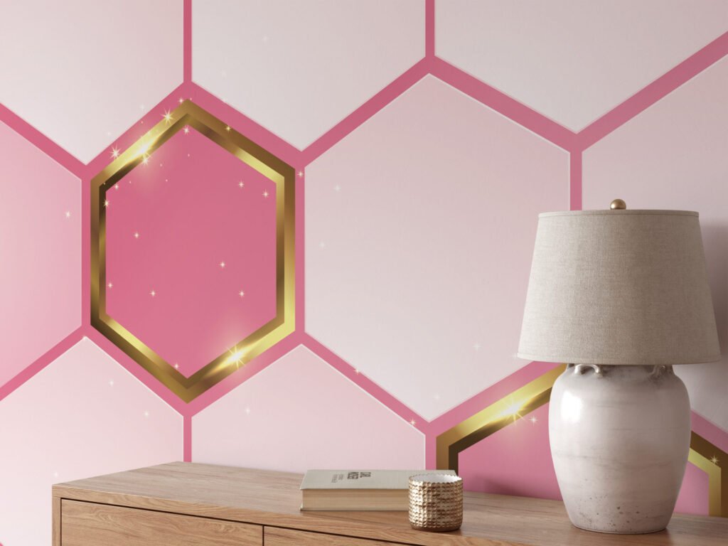 Geometrik Açık Pembe Altıgenler Duvar Kağıdı, Şık Pembe 3D Duvar Kağıdı Geometrik Duvar Kağıtları 6