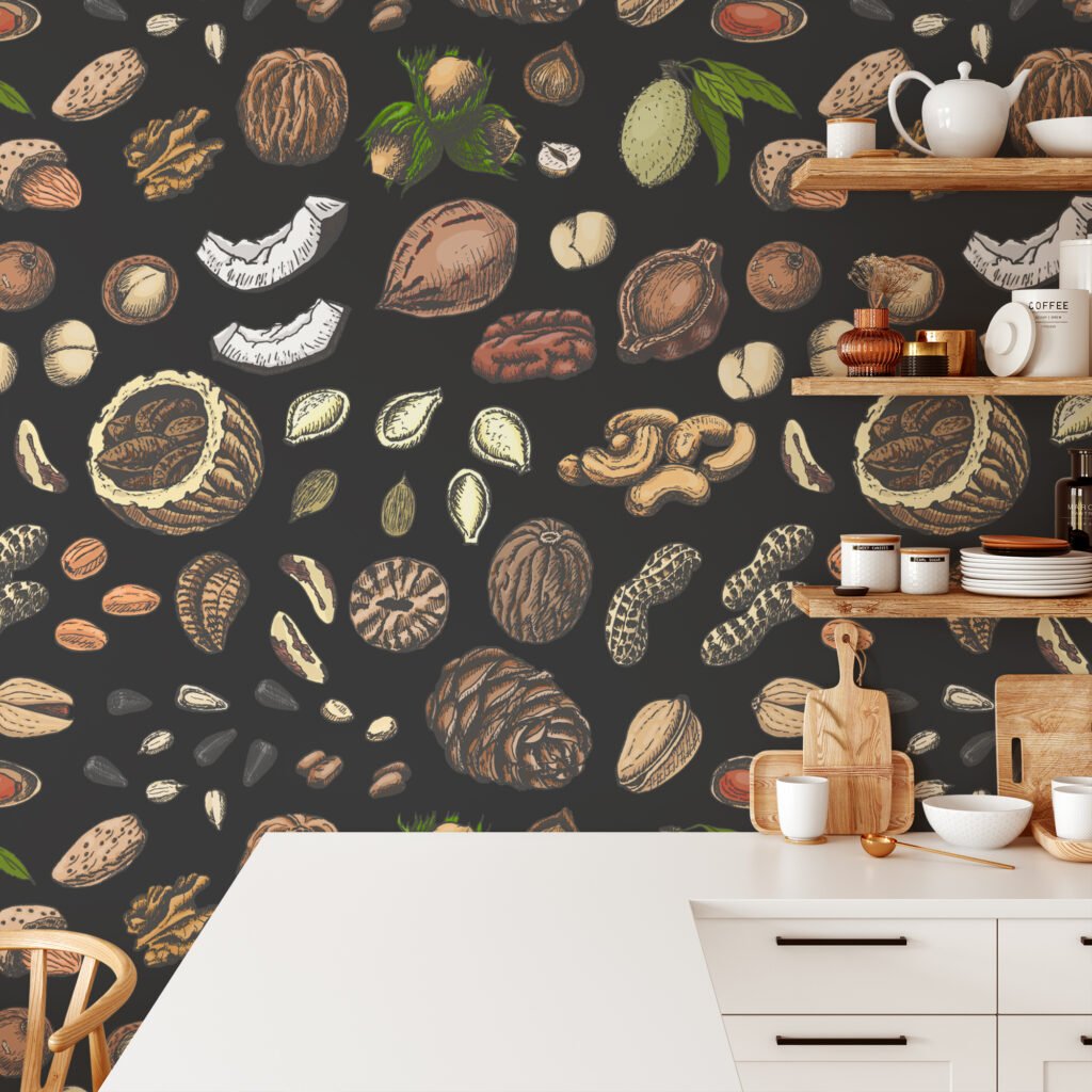 Fındık ve Tohumlar El Çizimi Duvar Kağıdı, Rustik Mutfak Şıklığı 3D Duvar Posteri Yiyecek & İçecek Duvar Kağıtları 4