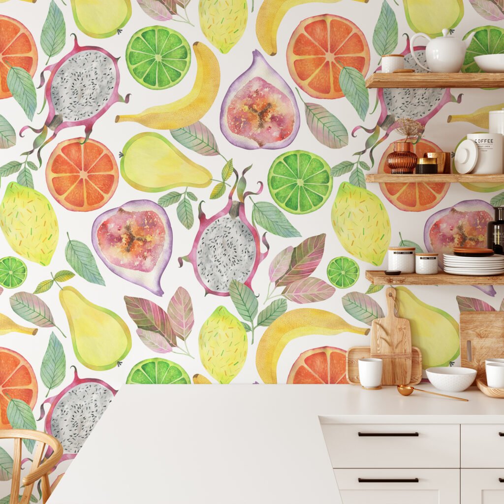 Sulu Boya Tarzı Egzotik Meyve Desenli Duvar Kağıdı, Lezzetli Taze Meyve 3D Duvar Posteri Suluboya Duvar Kağıtları 4