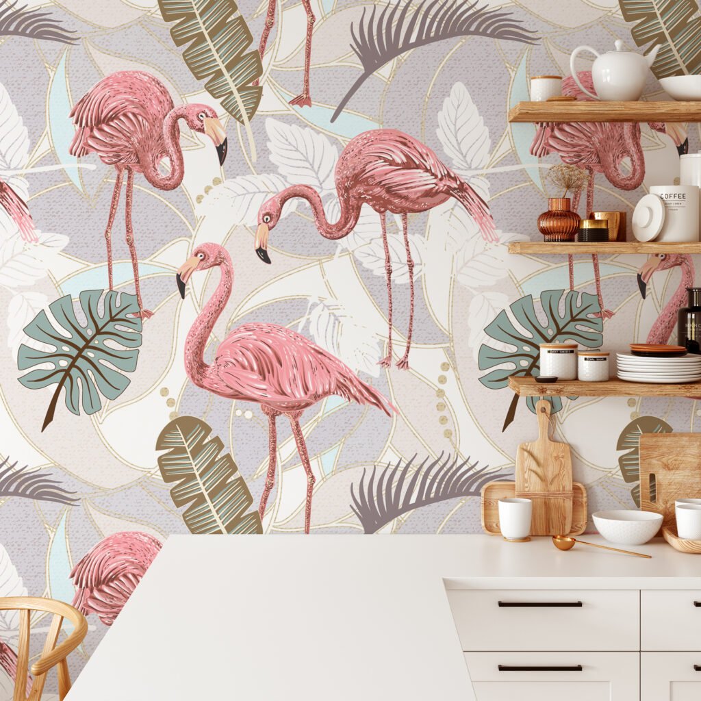 Flamingolarla Yaprak İllüstrasyonlu Duvar Kağıdı, Zarif Pembe Flamingo ve Palmiye Yaprakları Duvar Posteri Hayvan Motifli Duvar Kağıtları 3