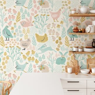 Flat Art Paskalya Tavşanları ve Civcivler Yumurta Desenli Duvar Kağıdı, Pastel Hayvan Temalı Çocuk Odası Duvar Posteri Bebek Odası Duvar Kağıtları