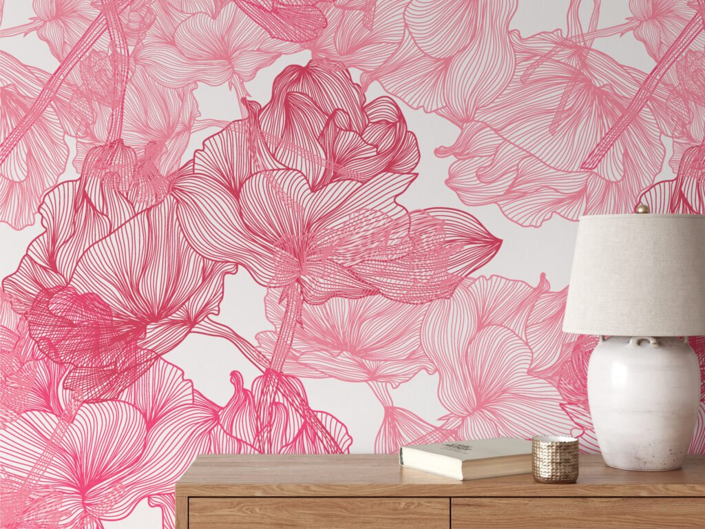 Büyük Pembe Gül Desenli Line Art Duvar Kağıdı, Zarif Botanik 3D Duvar Posteri Çiçekli Duvar Kağıtları 6