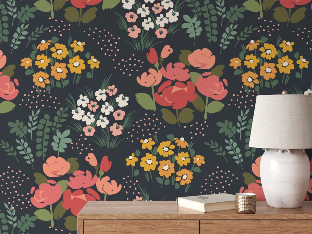 Gece Yarısı Çiçek ve Buketler Duvar Kağıdı, Siyah Fonda Vintage Buketler Duvar Posteri Çiçekli Duvar Kağıtları 5