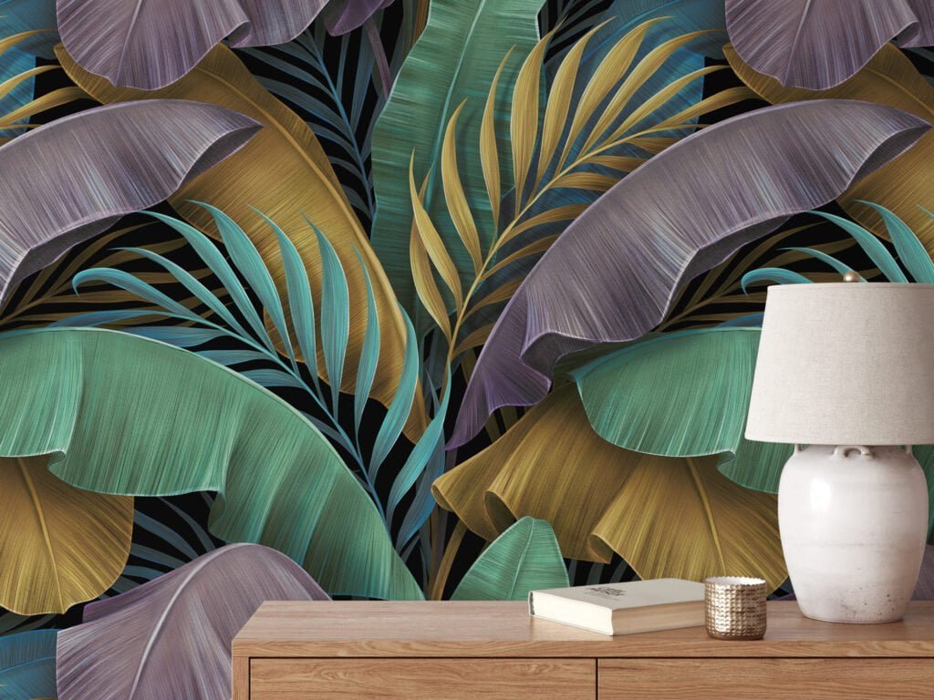 Koyu Arka Plan Üzerinde Büyük Renkli Tropikal Yapraklar Duvar Kağıdı, Lüks Tropikal 3D Duvar Posteri Tropikal Duvar Kağıtları 4