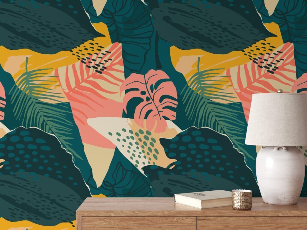 Soyut Flat Art Monstera Yaprakları Tasarımı Duvar Kağıdı, Tropikal Bitki Örtüsü 3D Duvar Kağıdı Tropikal Duvar Kağıtları 5