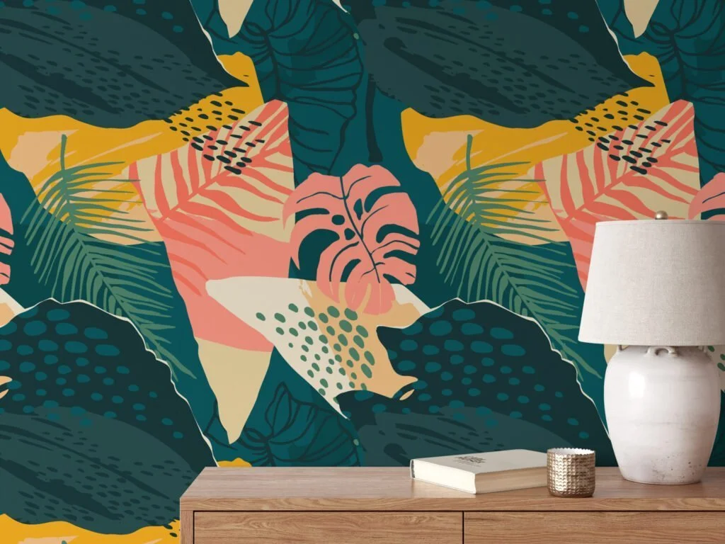 Soyut Flat Art Monstera Yaprakları Tasarımı Duvar Kağıdı, Tropikal Bitki Örtüsü 3D Duvar Kağıdı Tropikal Duvar Kağıtları 5