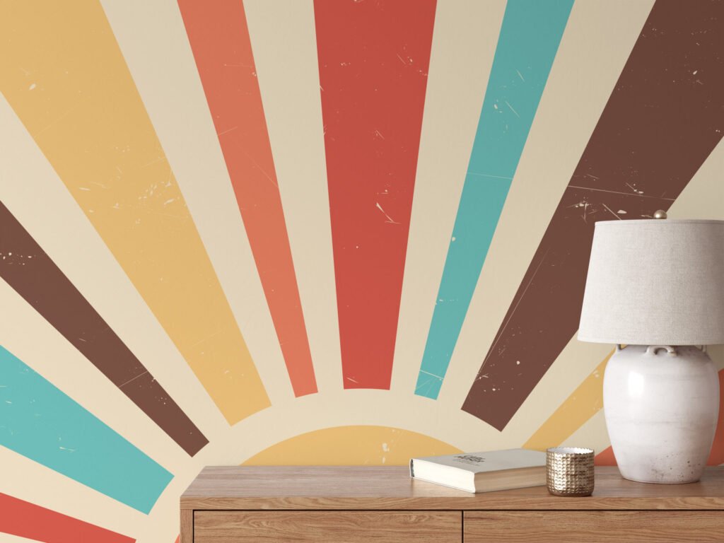Renkli Retro Güneş Batımı Duvar Kağıdı, Soyut Güneş Işını Desenli 3D Duvar Kağıdı Soyut Duvar Kağıtları 4