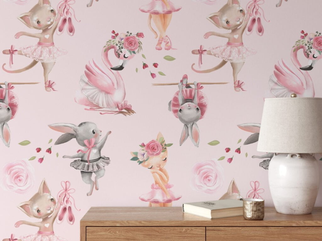 Sulu Boya Tatlı Pembe Prenses Balerin Tavşan ve Kediler Duvar Kağıdı, Bale Hayvanları 3D Duvar Posteri Bebek Odası Duvar Kağıtları 3