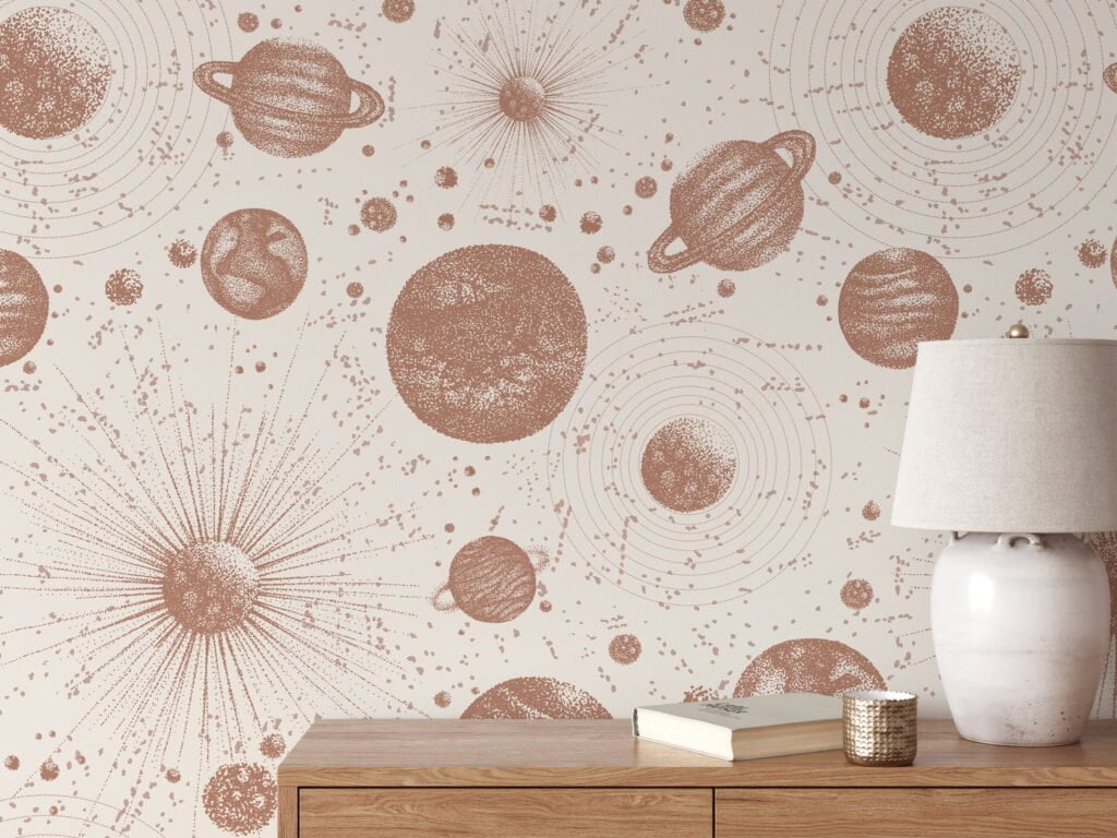 Bej Solar Gezegenler Astroloji Desenli Duvar Kağıdı, Kozmik Zarif 3D Duvar Posteri Uzay & Galaksi Duvar Kağıtları 3