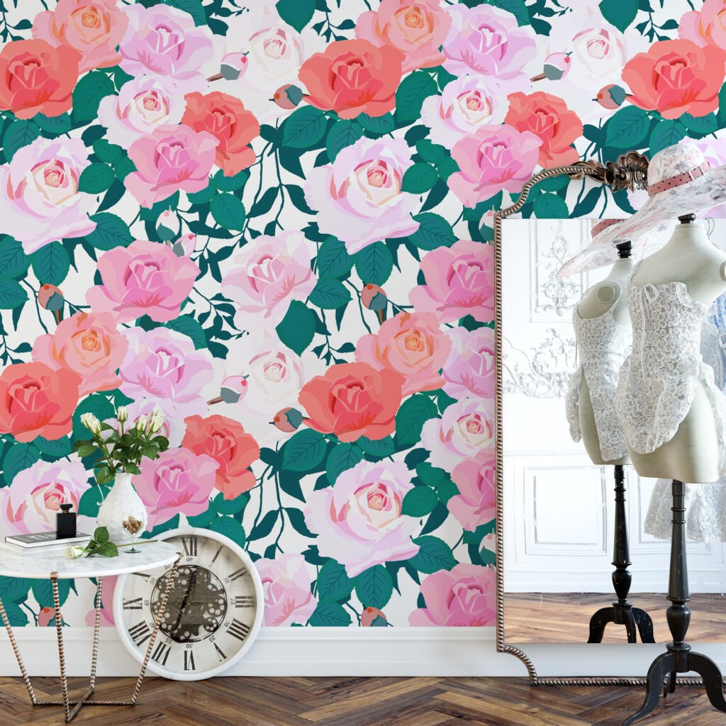 Çiçekli Güller Flat Art Duvar Kağıdı, Romantik Gül Bahçesi 3D Duvar Kağıdı Çiçekli Duvar Kağıtları 5