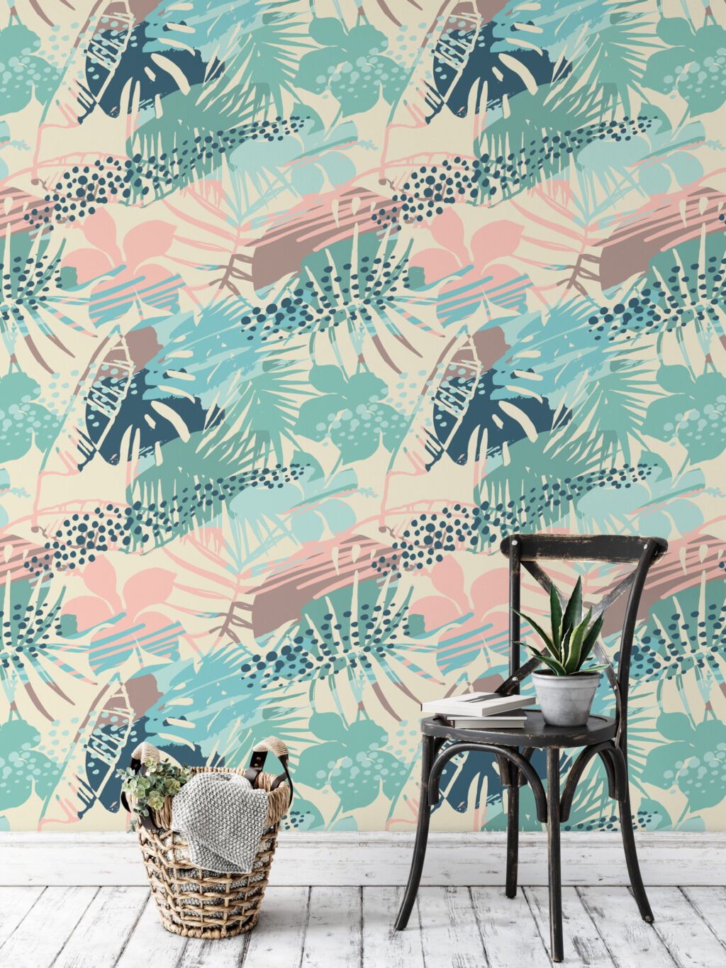 Yaz Esintileri Retro Renkli Tropikal Duvar Kağıdı, Soft Pastel 3D Duvar Posteri Tropikal Duvar Kağıtları 3