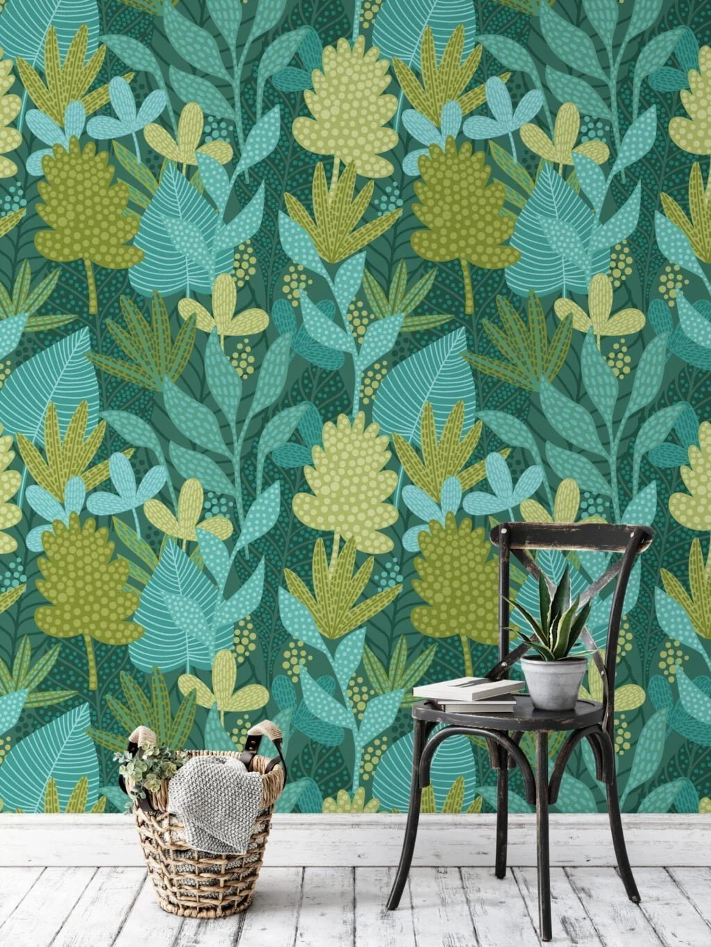 Flat Art Yeşil Tonlu Bitkiler Duvar Kağıdı, Büyülü Tropikal Orman 3D Duvar Posteri Tropikal Duvar Kağıtları 4