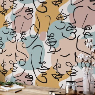 Soyut İnsan Yüz Tasarım Desen Duvar Kağıdı, Modern Yüzler Koleksiyonu Duvar Kağıdı Line Art Duvar Kağıdı