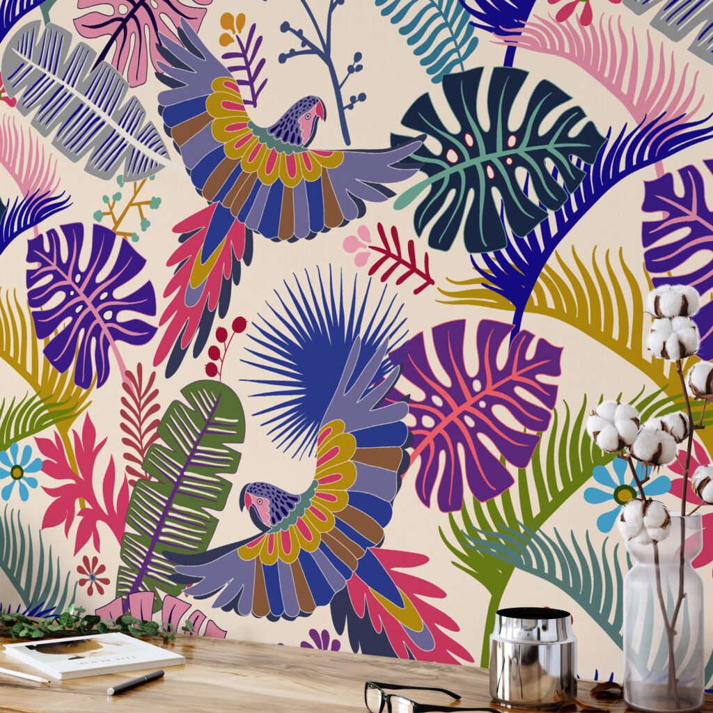 Renkli Tropikal Papağanlar Duvar Kağıdı, Canlı Tropik Bitki Örtüsü 3D Duvar Posteri Tropikal Duvar Kağıtları 4