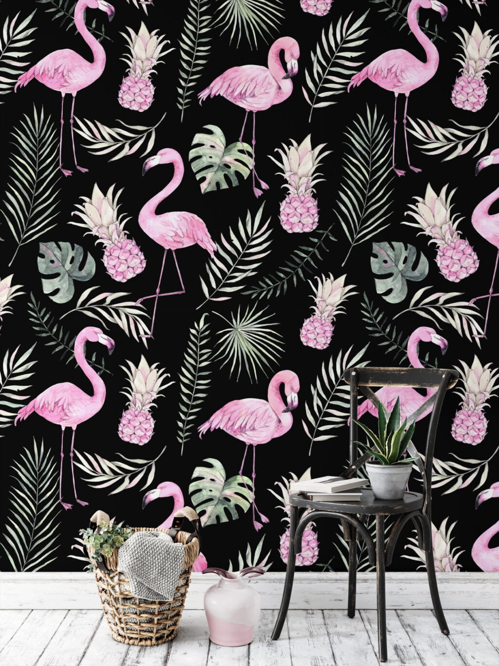 Sulu Boya Pembe Flamingolar Tropikal Yapraklar Duvar Kağıdı, Zarif Tropikal 3D Duvar Posteri Hayvan Motifli Duvar Kağıtları 4