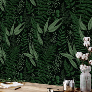 Koyu Yeşil Doğal Yapraklar Siyah Zemin Üzerinde Duvar Kağıdı, Mistik Orman Yaprakları Duvar Posteri