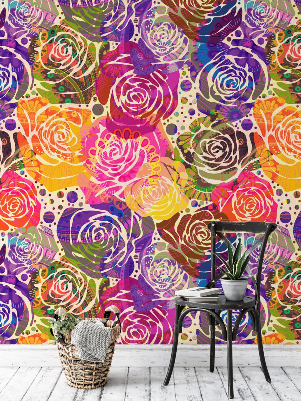 Abstract Renkli Güller Duvar Kağıdı, Canlı Gül Kolajı 3D Duvar Posteri Çiçekli Duvar Kağıtları 5