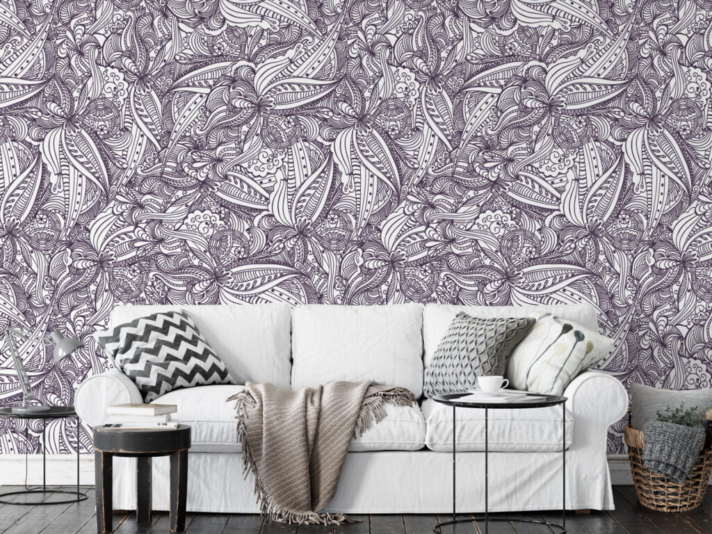 Klasik Damask Tarzı Line Art Duvar Kağıdı, Tek Renkli Paisley Desen Duvar Kağıdı Line Art Duvar Kağıdı 4