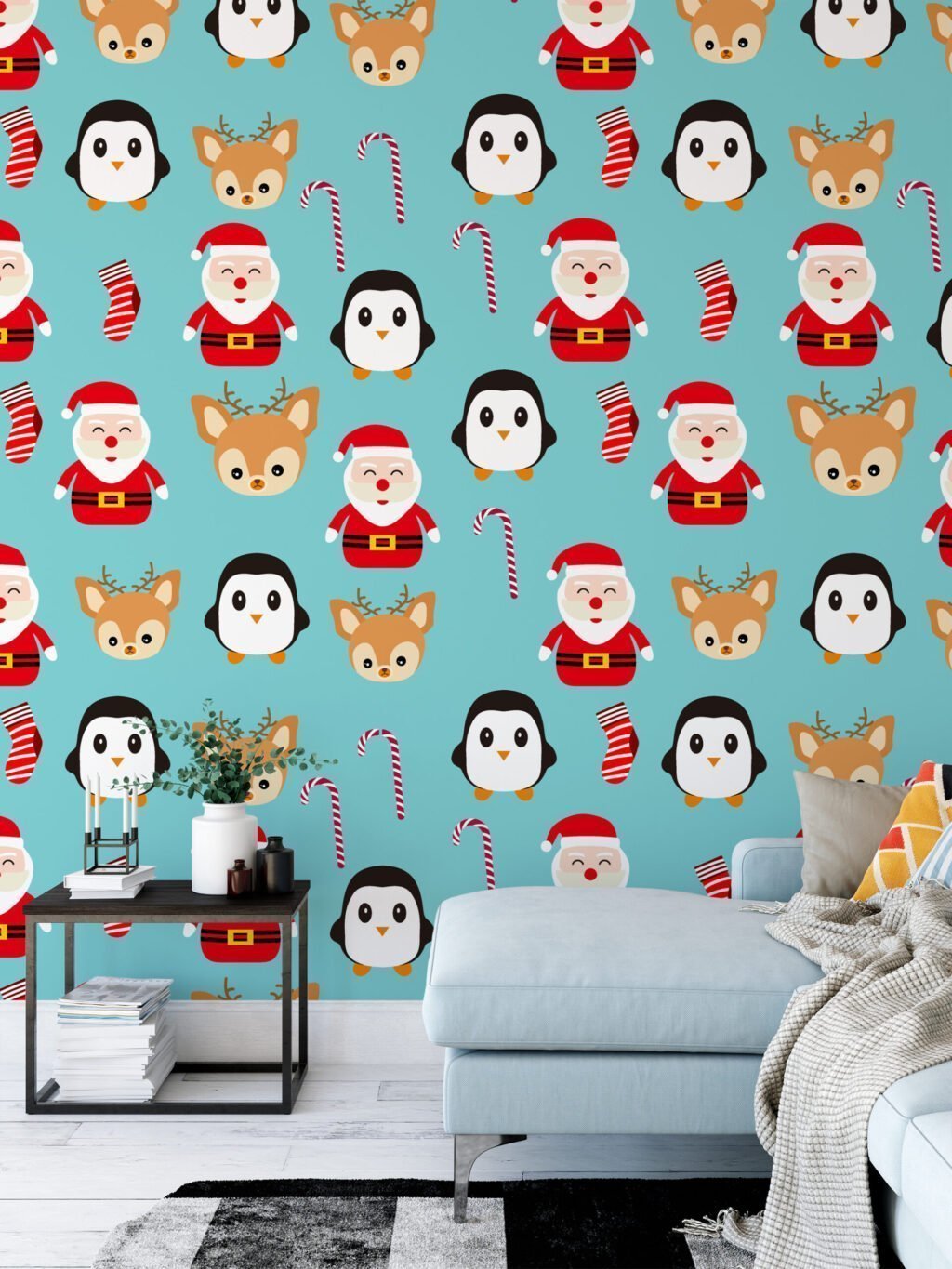 Noel Temalı İkonlar Noel Baba Duvar Kağıdı, Neşeli Noel Karakterleri 3D Duvar Posteri Bebek Odası Duvar Kağıtları 2
