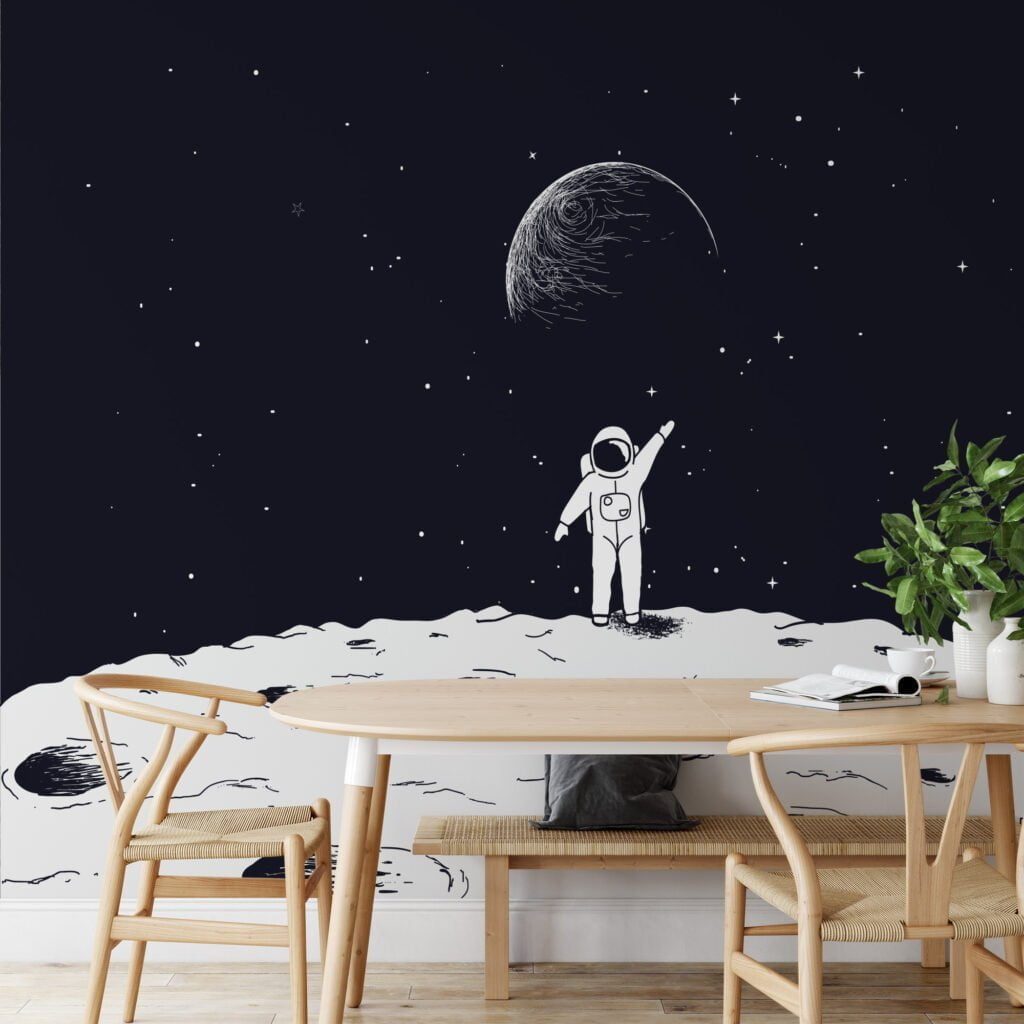 Siyah Beyaz Astronot Uzay Duvar Kağıdı, Uzay Temalı 3D Duvar Posteri Çocuk Odası Duvar Kağıtları 3