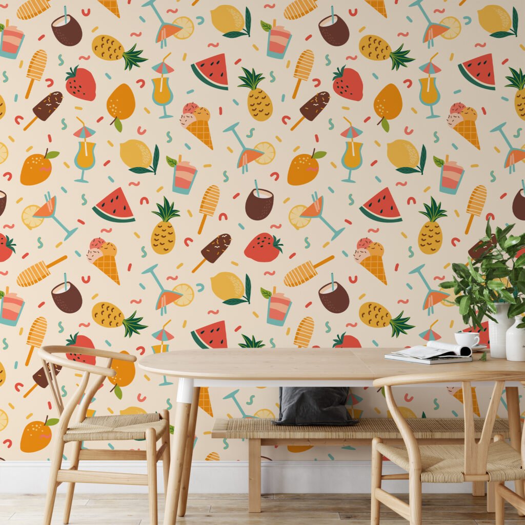 Retro Yaz Havası Parti İkonları Meyve İllüstrasyon Duvar Kağıdı, Tropikal Meyve ve Dondurma 3D Duvar Posteri Çocuk Odası Duvar Kağıtları 5