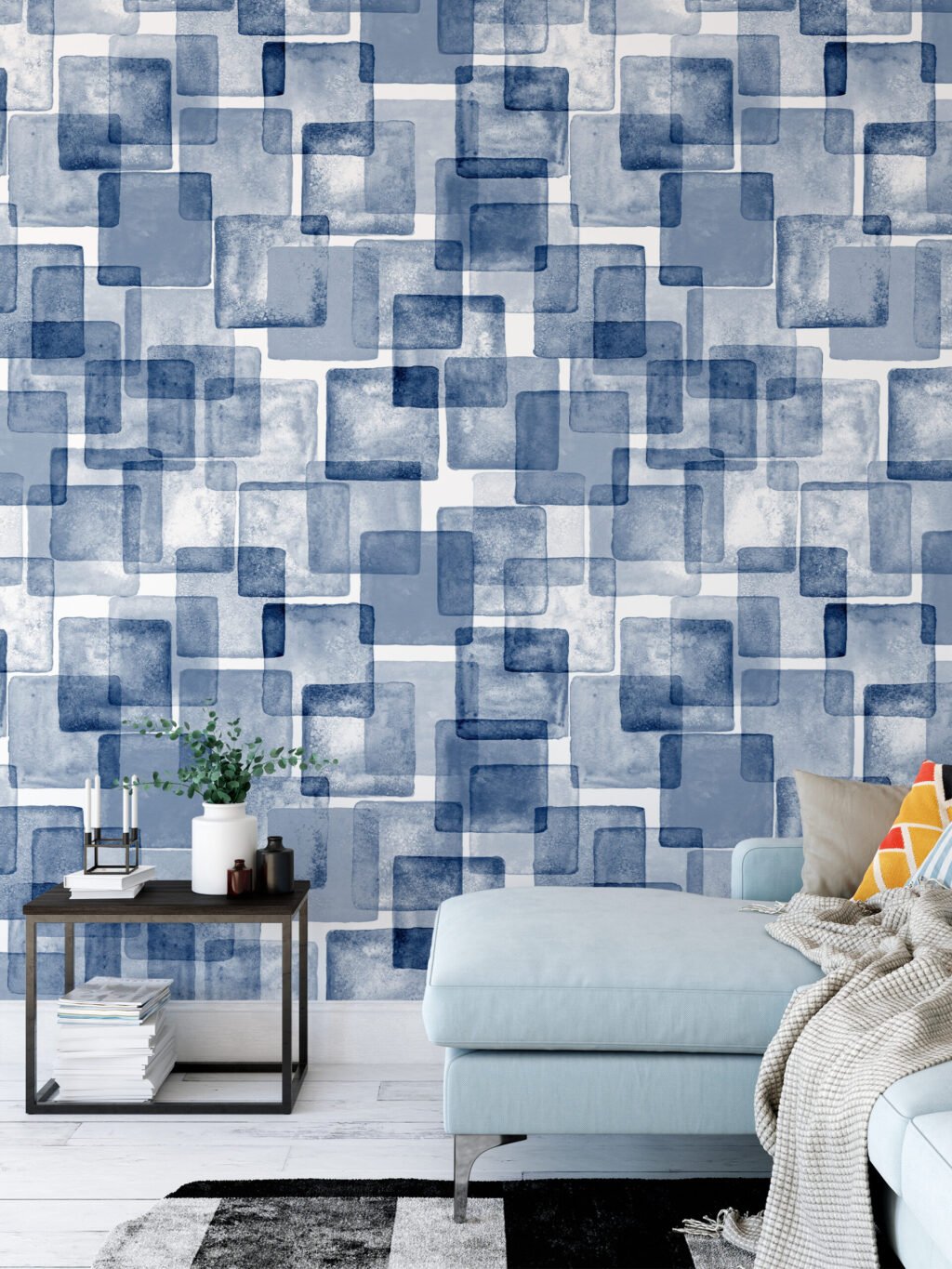 Sulu Boya Tarzı Mavi Kareler Geometrik Duvar Kağıdı, Sanatsal Kübist 3D Duvar Posteri Geometrik Duvar Kağıtları 2