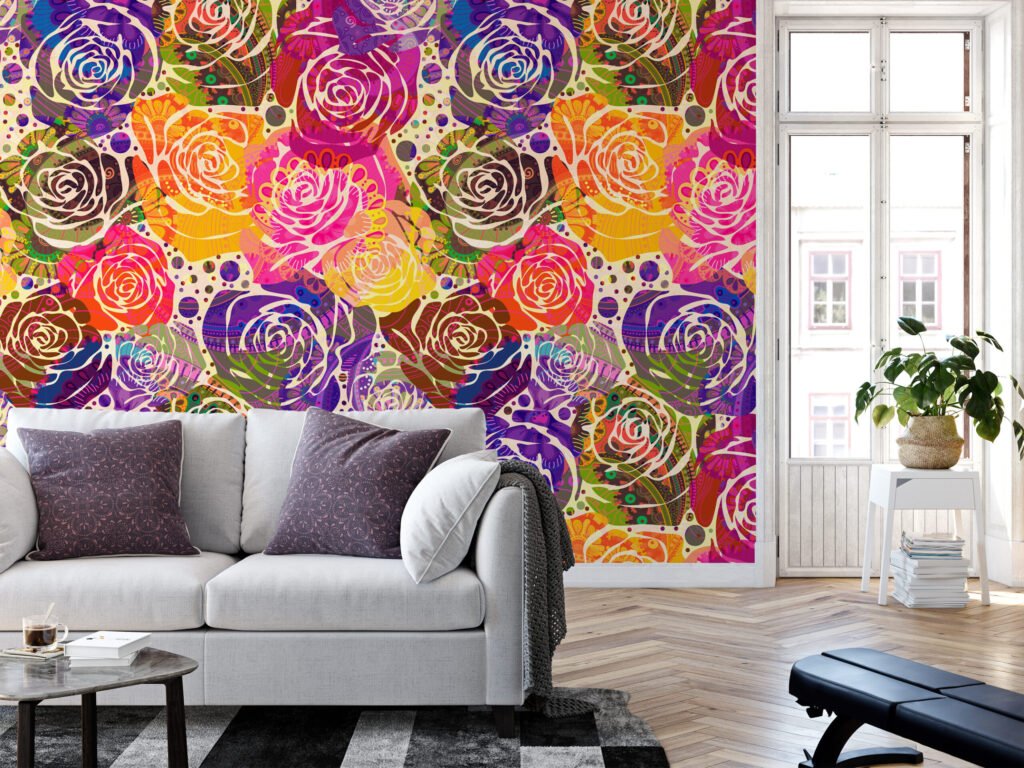 Abstract Renkli Güller Duvar Kağıdı, Canlı Gül Kolajı 3D Duvar Posteri Çiçekli Duvar Kağıtları 4