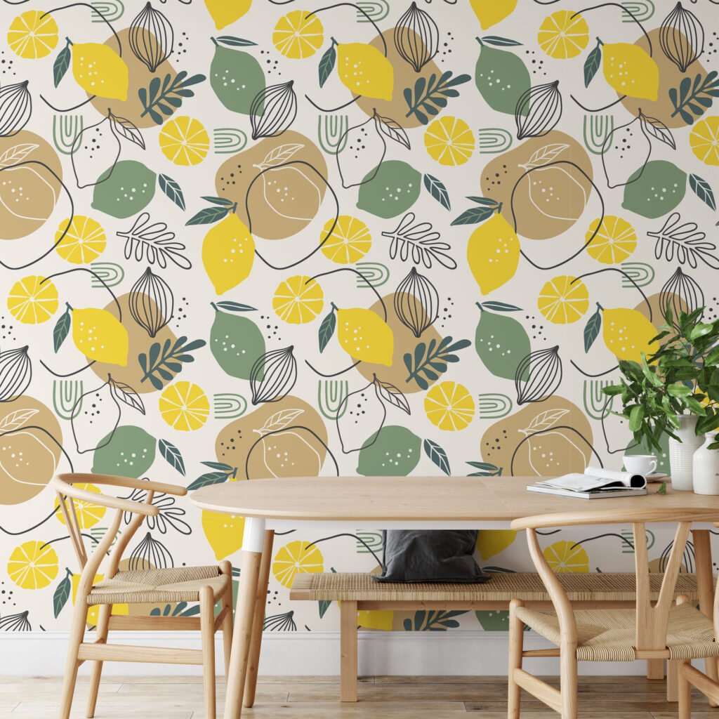 Limon ve Yapraklarla Line Art Duvar Kağıdı, Turunçgil Tasarımı Duvar Posteri Çiçekli Duvar Kağıtları 4