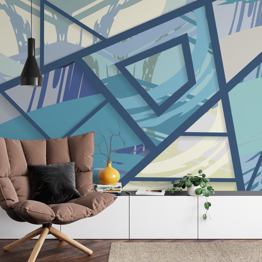 Modern Mavi Sıçramalar ile Büyük Geometrik Duvar Kağıdı, Mavi Açılı Desenli 3D Duvar Posteri 3D Duvar Kağıtları 2