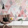 Gri ve Pembe Geometrik Şekilli Duvar Kağıdı, Buz Dokulu Modern Üçgen 3D Duvar Kağıdı