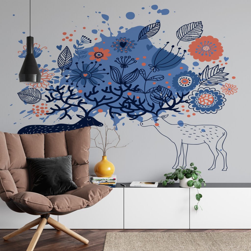 Mavi ve Turuncu Çiçekli Geyik İllüstrasyon ve Line Art Duvar Kağıdı Çiçekli Duvar Kağıtları 2