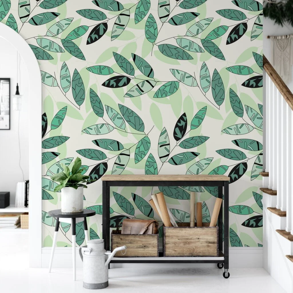 Soyut Yeşil Yapraklar Duvar Kağıdı, Taze Yeşil Botanik Tasarım 3D Duvar Posteri Yaprak Desenli Duvar Kağıtları 4