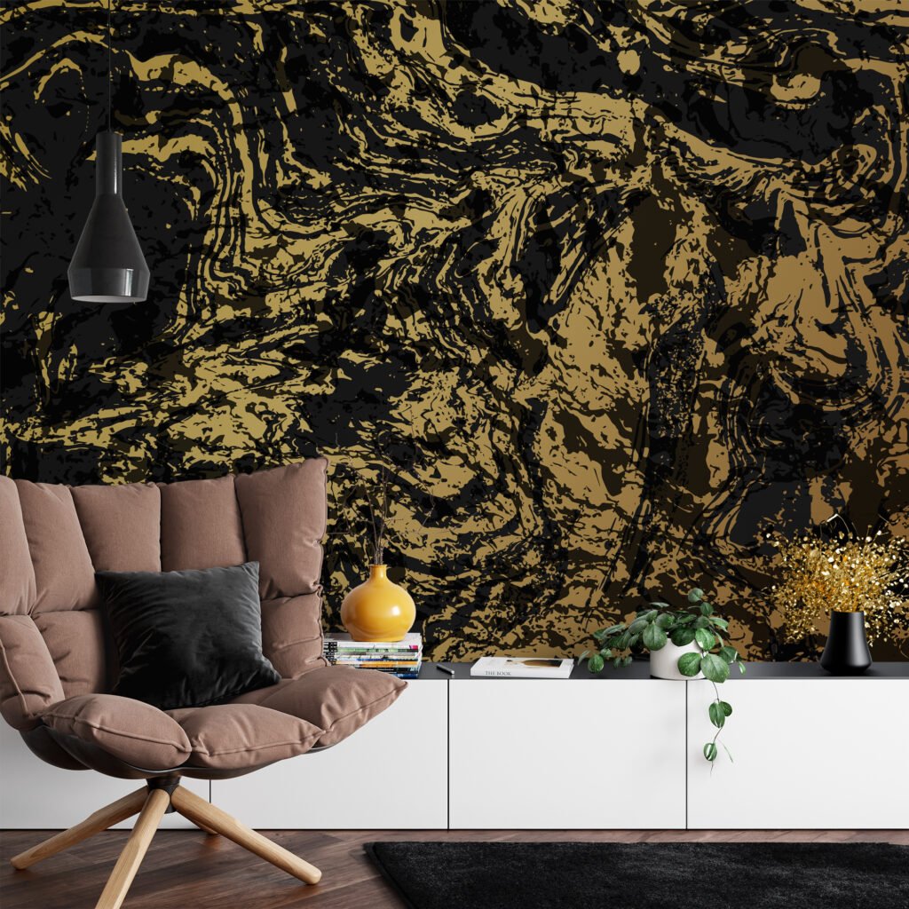Siyah ve Altın Soyut Tasarım Duvar Kağıdı, Mermer Sarmal Desenli 3D Duvar Kağıdı Mermer Duvar Kağıtları 4