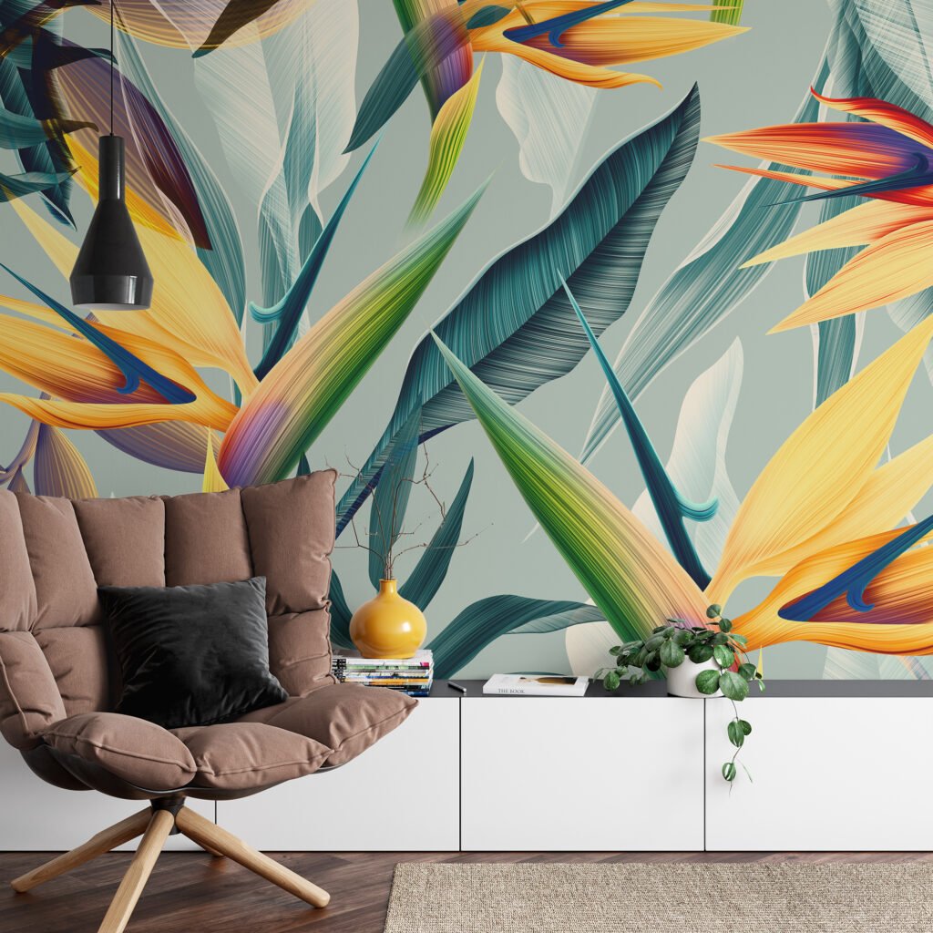 Tropik Nane Renkli Cennet Kuşları Çiçekleri Duvar Kağıdı, Abstract Tropik Yaprak Desenli Duvar Posteri Çiçekli Duvar Kağıtları 2