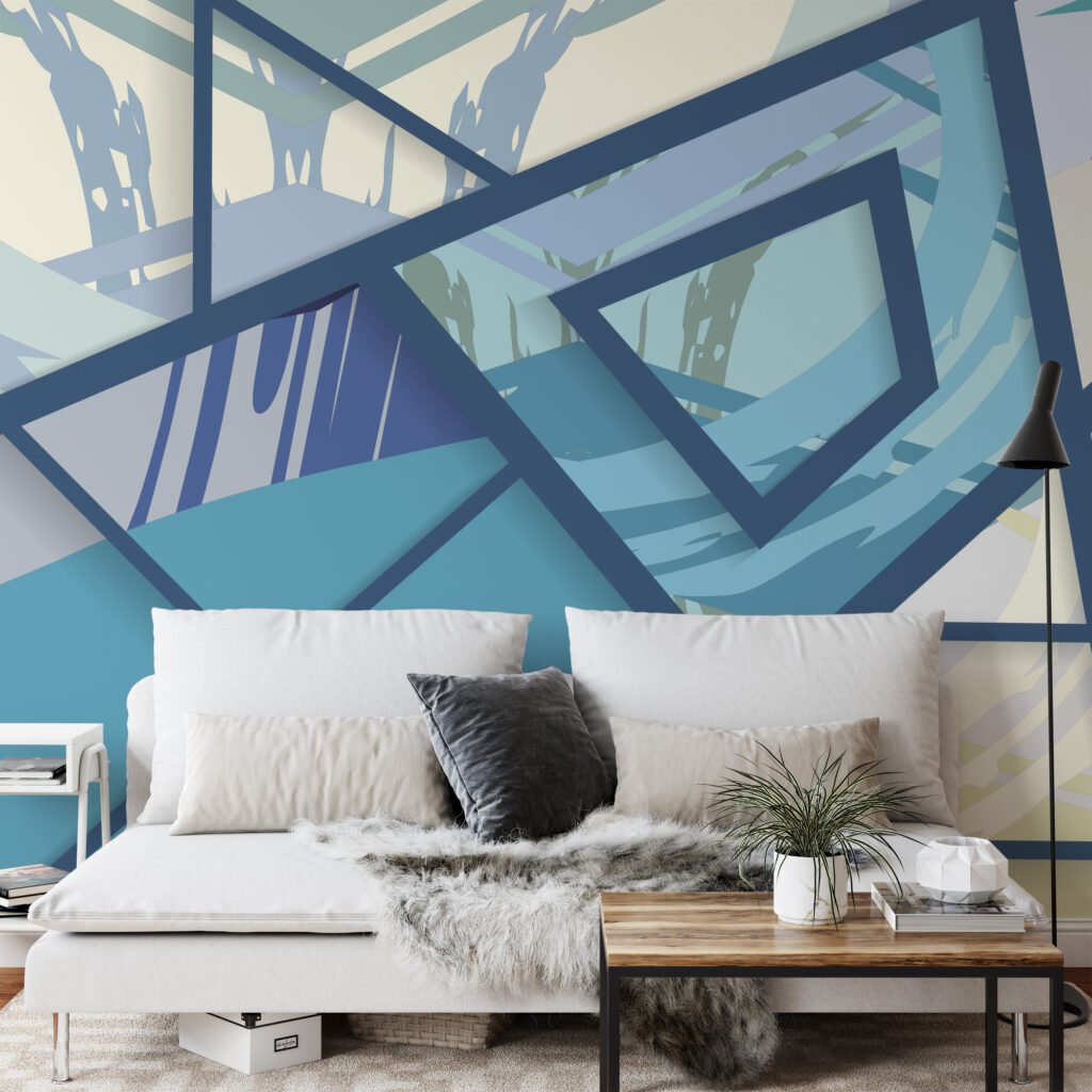 Modern Mavi Sıçramalar ile Büyük Geometrik Duvar Kağıdı, Mavi Açılı Desenli 3D Duvar Posteri 3D Duvar Kağıtları 3