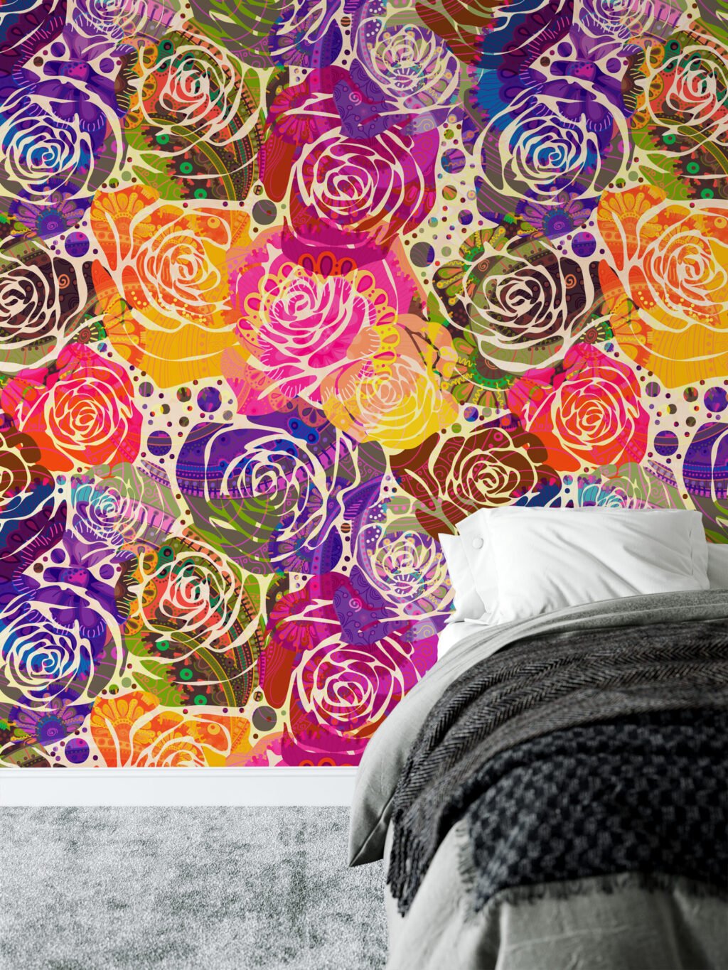Abstract Renkli Güller Duvar Kağıdı, Canlı Gül Kolajı 3D Duvar Posteri Çiçekli Duvar Kağıtları 6