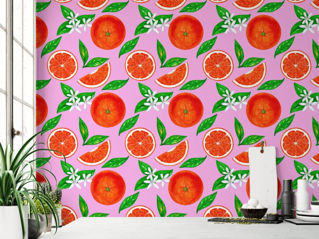 Pembe Arka Planlı Parlak Renkli Portakal Çizimi Duvar Kağıdı, Çiçek Açan Portakal Narenciye Duvar Posteri Çiçekli Duvar Kağıtları 4