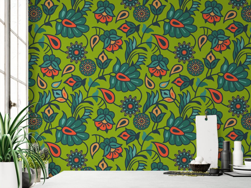 Flat Art Yeşil Çiçek Duvar Kağıdı, Canlı Retro Bahçe 3D Duvar Posteri Çiçekli Duvar Kağıtları 3