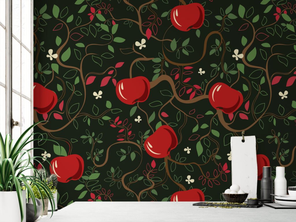 Karanlık Zemin Üzerinde Soyut Elmalarla Ağaç Duvar Kağıdı, Sihirli Elma Bahçesi Duvar Posterleri Çocuk Odası Duvar Kağıtları 2