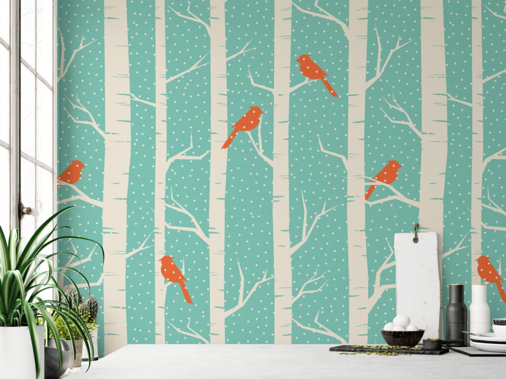 Karlı Ağaçlar ve Kuşlarla Soyut Duvar Kağıdı, Cıvıl Kuşlarla Huş Ormanı Duvar Posteri Hayvan Motifli Duvar Kağıtları 2
